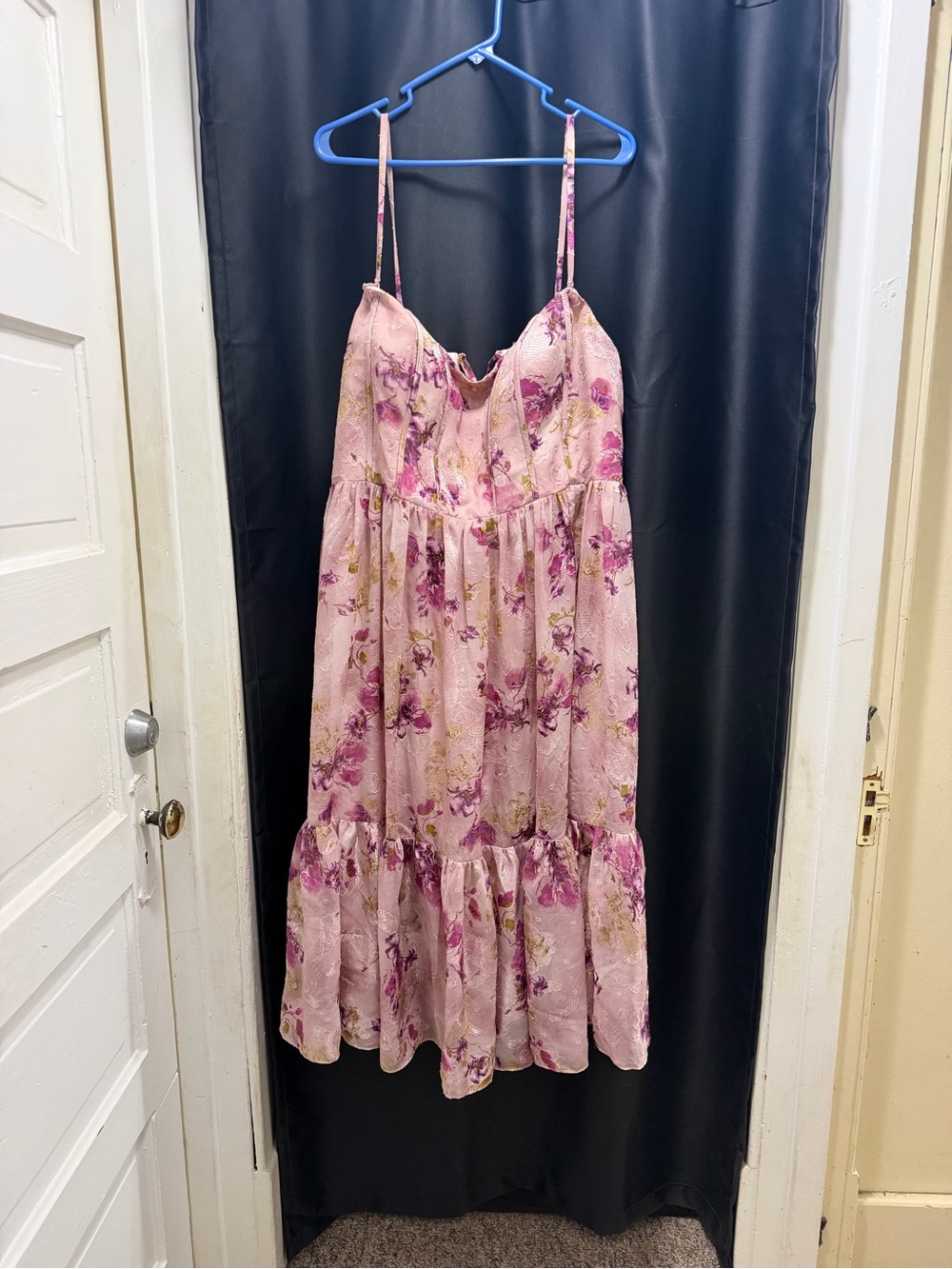 Azazie Pink Floral Midi Dress with Spaghetti Straps